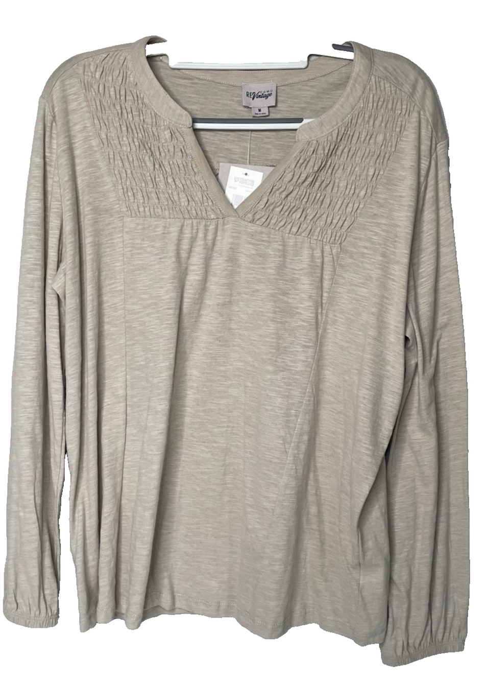 ReVintage Womens Medium Beige Long Sleeve Knit Top Smocked Yoke NWT Boho Casual
